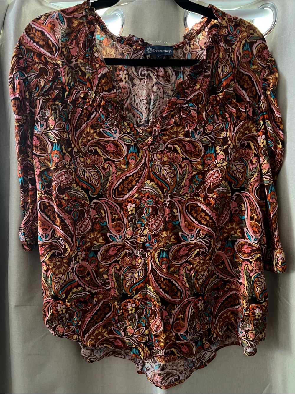 Democracy Paisley V-Neck Blouse in Rust Pink, Brown & Teal